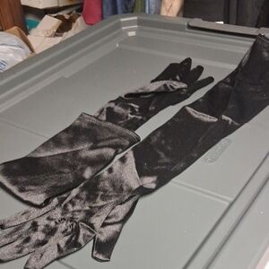 Elegant Long Satin Gloves. Black Pair & Purple Pair